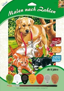 Malen nach Zahlen A4 ab 8 Jahre Hund mit Katzen Acrylmalerei kleine Künstler - Bild 1 von 2