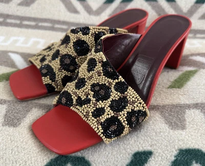 STAUD Nevil Asymmetrical Beaded Heel Sandals in Leopard Size 38 US 8 Retail $350 - Image 1 of 4