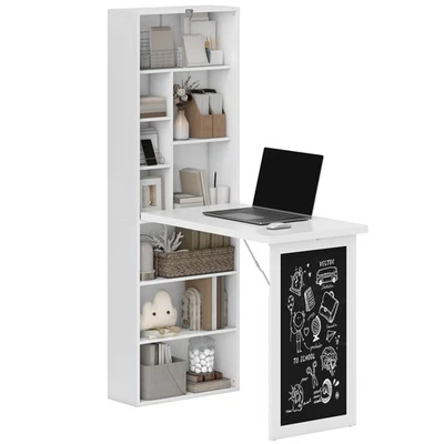 HOMCOM Folding Convertible Desk with Blackboard and Bookshelf, White - Image 1 of 4