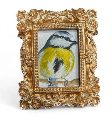 Eurasian Blue Tit watercolor mini bird print in vintage style ornate frame - Image 1 of 3