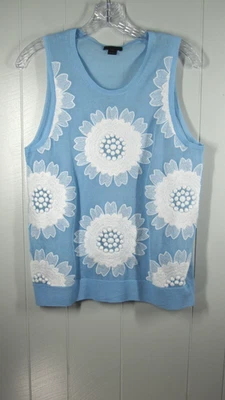 J. CREW Top Women's S Blue w White Floral Embroidery Sleeveless Semi Sheer VTG - Image 1 of 4