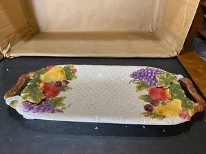 Piatto in ceramica dipinto a mano 20" con manici / anni 80 / collezione Cornucopia - Foto 1 di 9