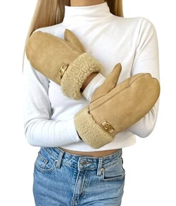 CELINE Vintage Macadam Logo Mouton Gloves Mittens Beige Gold Leather - Picture 1 of 12