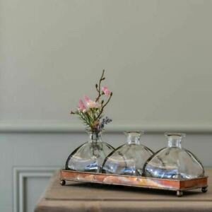 Metal Copper Tray with 3 Clear Glass Bottles, Bud Stem Vases, Table Rack Display