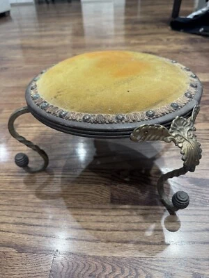 Antique Cast Iron & Wood Foot Stool Georgian Style Upholstered 4 Legs Tapestry - Image 1 of 4