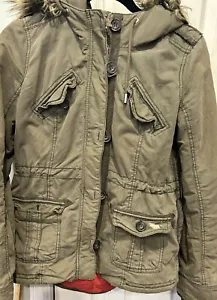 ABERCROMBIE & FITCH Military Jacket Small Green Detachable Faux Fur Trim Hood - Picture 1 of 19