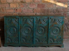 Antique Indian 4 Doors Rustic Credenza, Blue Chakra Sideboard, Kitchen Buffet