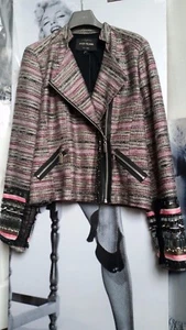 WOMEN BIKER RIVER ISLAND JACKET/COATS PINK/BLACK/GOLD LUREX EMBELLISHED M UK14 - Picture 1 of 12