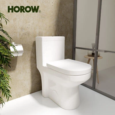 HOROW One Piece Toilet Dual Flush Elongated w/ Soft Closing Seat 10'' 12'' White - Image 1 of 4