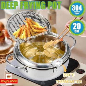 Japanese Style Deep Frying Pot with Thermometer Non-stick Tempura Fryer Pan 20cm - Picture 1 of 17