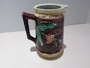 Antique Majolica Wild Rose Pottery Pitcher Basketweave Pattern Yellow Bands #2 - Picture 1 of 6