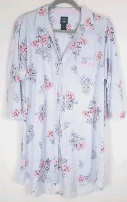 Vintage Laura Ashley Nightgown Sleep Shirt XL Floral Stripes Button Front Pocket - Image 1 of 4