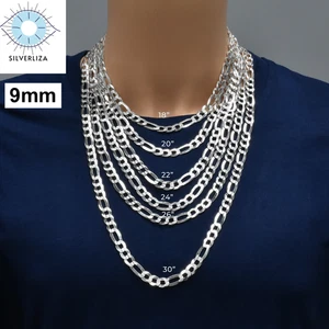 Collar de cadena Figaro de plata de ley 925 para hombre con corte de diamante de 9 mm - sello de Italia - Imagen 1 de 6