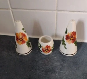 Toni Raymond Cruet Set Salz Pfeffer Senf Orange Blumen 70er 80er Keramik - Bild 1 von 7