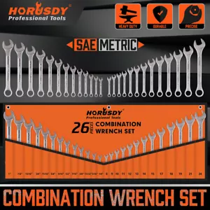 26pc Metric & Imperial Combination Spanner Wrench Set Standard 8-24MM 1/4"-1" - Picture 1 of 10