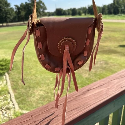 Vtg Leather Brown Fringed Crossbody Purse BoHo Hobbiest Hand Made Tooled 70’s - Image 1 of 4