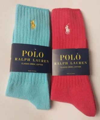 PARA HOMBRES POLO RALPH LAUREN CLÁSICO CREW ALGODÓN ACANALADO CALCETINES VERDE AZULADO ROSA INTENSO -2 Pares Foto 1 de 4