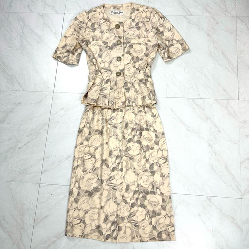 Christian Dior giacca e gonna con volant set up floreale seta beige taglia M usata