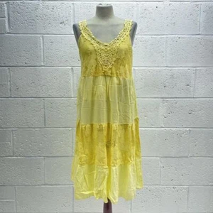 GELB BLUMEN MIDI-KLEID FLAME GEWEBTE SPITZE BAUMWOLLE ÄRMELLOS SAMMELN ABGESTUFT UK 12 - Bild 1 von 5