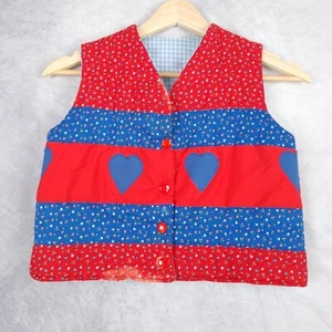 Vintage Quilted Vest Girls S / M Red Blue Floral Heart Snap Prairie Handmade 70s - Picture 1 of 19