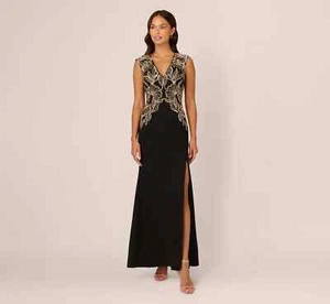 NEW Adrianna Papell Beaded Crepe Long Dress In Black SIZE 10/100%AUTHENTIC - Picture 1 of 6