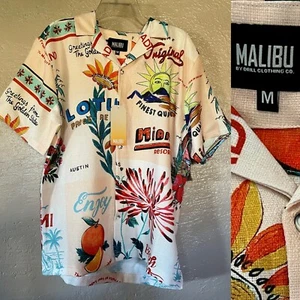 MALIBU NWT Retro MIAMI Linen Look POSTCARD Print RESORT SHIRT Size Large - Picture 1 of 19