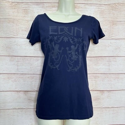 Camiseta para mujer EDUN azul cuello barco algodón orgánico gráfico Perú manga corta S Foto 1 de 4