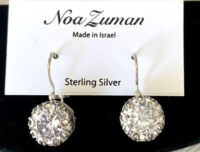 NOA ZUMAN EARRINGS STERLING SILVER 925 CZ ROUND LARGE DROP PIERCED ISRAEL NEW - Image 1 of 4