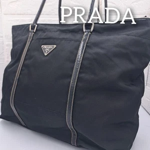 Borsa PRADA borsa tote a mano logo nero argento pelle tela autentica - Foto 1 di 24