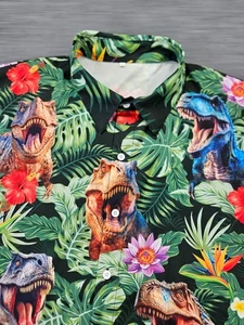 Tyrannosaurus Rex T-Rex Men's 3XL Tropical Dinosaur Soft Button Up Hawaiin Shirt - Picture 1 of 4
