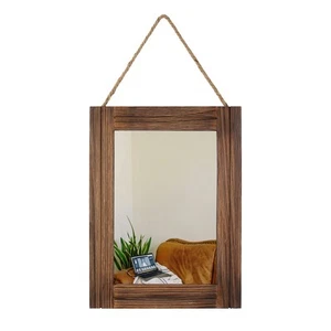 16 X 12 Inch Rustic Wood Framed Wall Mirror with Hanging Rope for Farmhouse D... - Picture 1 of 9