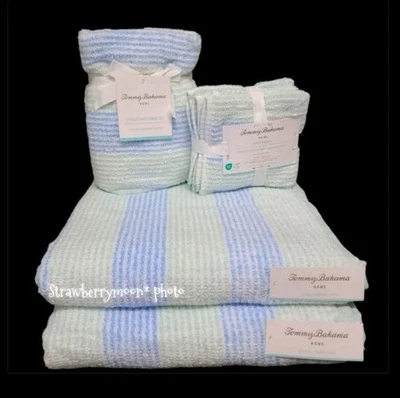 8pc Tommy Bahama Weekend Striped Bath Hand Washcloth Towel Set Mint Blue White - Image 1 of 4