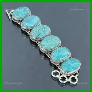 925 Silver Oval Amazonite Gemstone Sisters Day Chain Vintage Wife Bezel Bracelet - Picture 1 of 6