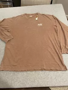 Victorias Secret PINK Campus Crew T Shirt XL Tan Distressed Long Sleeve Logo - Picture 1 of 8
