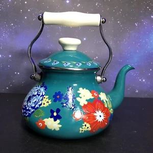 The Pioneer Woman Dazzling Dahlias Enamel Steel Teal 1.9 Quart Tea Kettle - Picture 1 of 13
