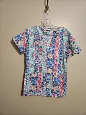 Landau Scrub Womens  Moon, Star, Sun V Neck Print Pockets Scrub Top Size XS - Image 1 of 4