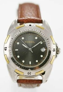 Fossil Uhr Herren Datum Edelstahl Silber Gold Leder Brown 30m Grau Quarz - Bild 1 von 3