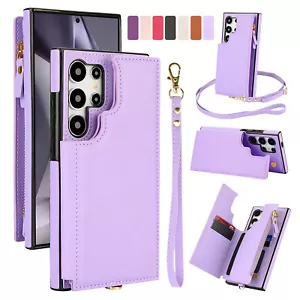 Leather Card Wallet Flip Case For Samsung S24 Ultra S23 S22 S21 Crossbody Strap - Picture 1 of 66