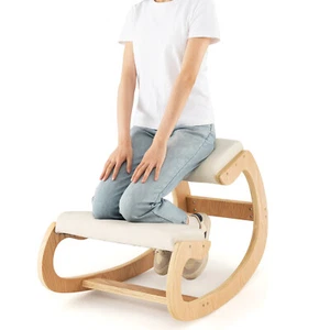 Ergonomic Kneeling Chair Wood Rocking Posture Stool w/ Cushion Back Neck Beige - Picture 1 of 9