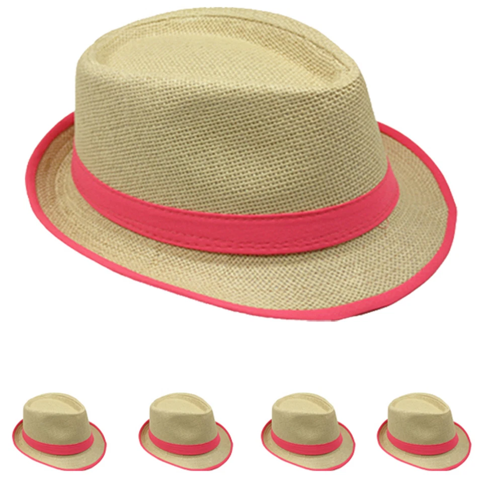 FEDORA DE PAJA con LÍNEA DE BANDA Y LLANTA Trilby Gangster Panamá Clásico Estilo Vintage SOMBRERO Foto 1 de 1