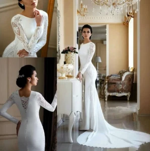 Elegantes Langarm Meerjungfrau Kleid mit Spitze Applikation Satin Boho Strand Hochzeit - Bild 1 von 12