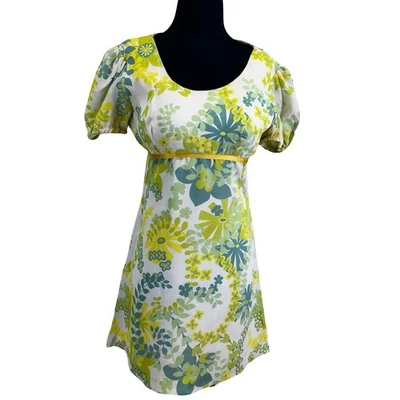1960s Betty Barclay Mod Mini Dress – Yellow Green Floral Print with Puff Sleeves - Image 1 of 4
