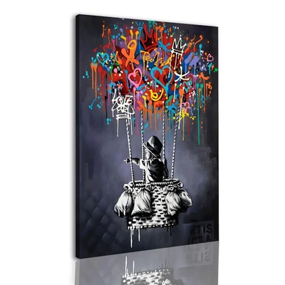 涂鸦风格班克斯墙艺术儿童气球街道帆布框架绘画奖... — 第 1/4 张图片