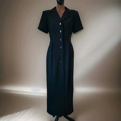 SL моды винтажный 90-х черный платье Sz 8 темно Academia на пуговицах Midi - Изображение 1 из 4