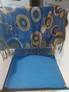 Geometrische Kunst zu tragen blau gelb Quaste Vintage Schal. - Bild 1 von 7