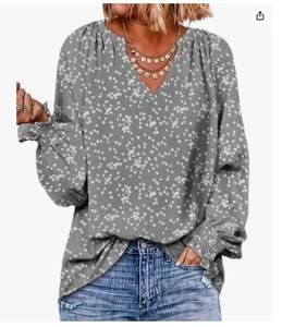 SHEWIN Women’s T-Shirt V Neck Blouse XL Chiffon Loose Long Sleeve Gray Flow - Picture 1 of 3
