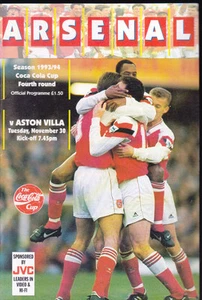 Copa Liga 1993/94 ARSENAL V ASTON VILLA 30-11-1993 4ª Ronda Coca-Cola - Imagen 1 de 1