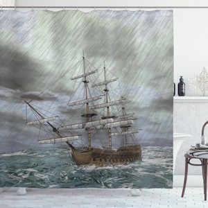Old Shower Curtain Ocean in Wave Rainy Storm Print for Bathroom