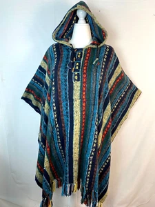 Ganesh Himal Handmade In Nepal Hoodie Poncho Cape Striped Oversized One Size - Picture 1 of 18