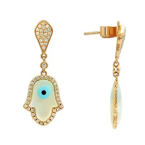 14K ROSE GOLD PAVE DIAMOND MOTHER OF PEARL HAMSA HAND OF GOD DANGLE EARRINGS - Picture 1 of 1